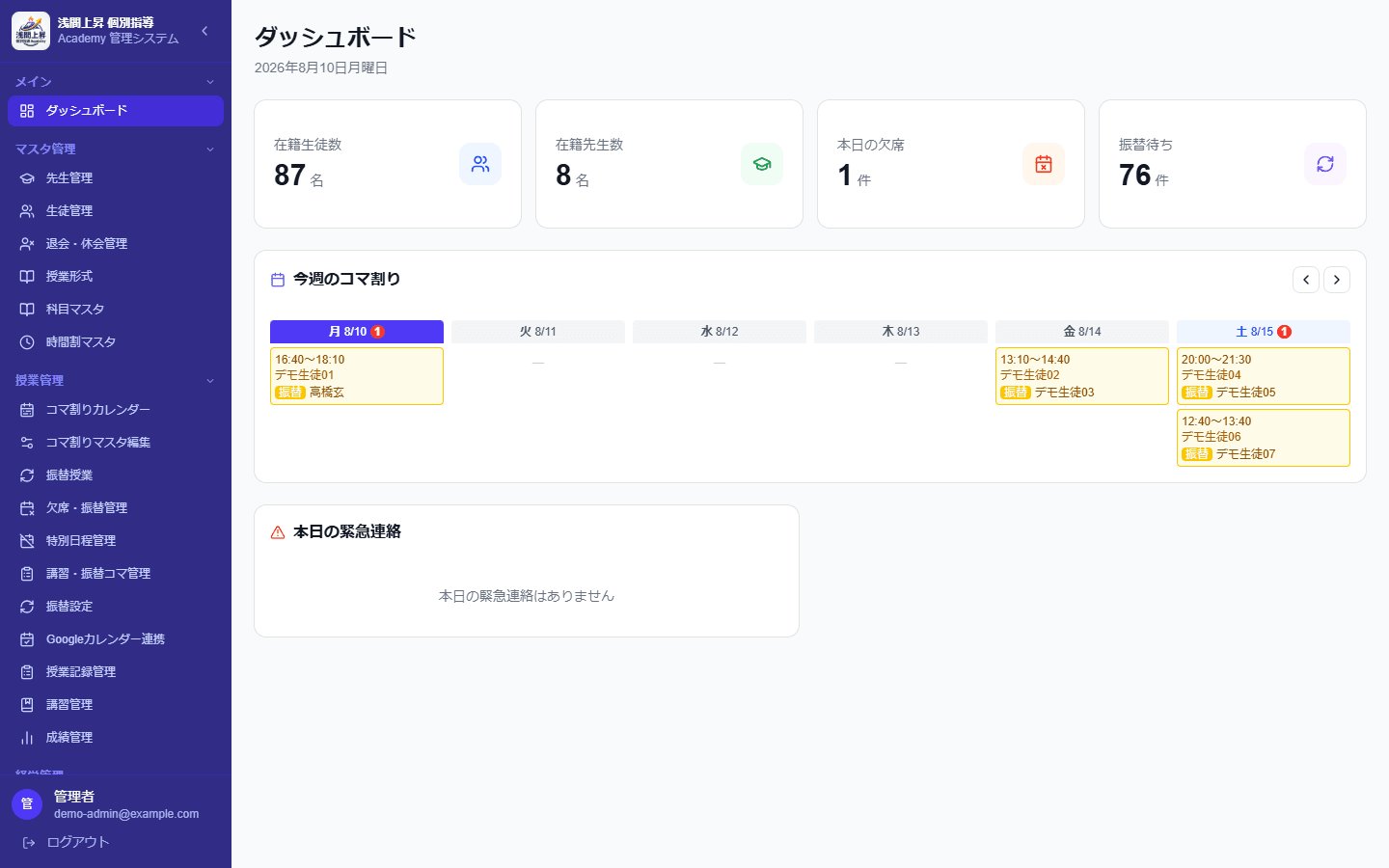 塾管理システムのダッシュボード画面(架空データ)